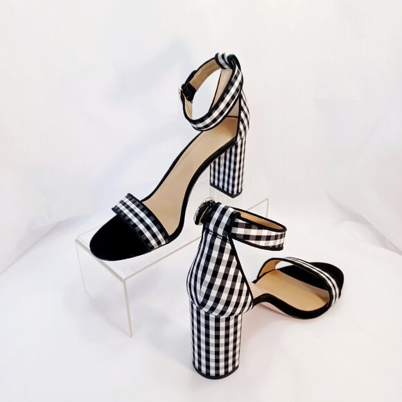 Ann Taylor Leannette Piped Gingham Block Heel Sandals Black/White 9B NEW - Picture 4 of 14